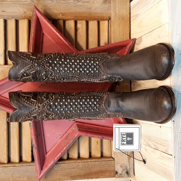 SALE!! FRYE Deborah Deco Dark Brown Tall Boots - Picture 3 of 14